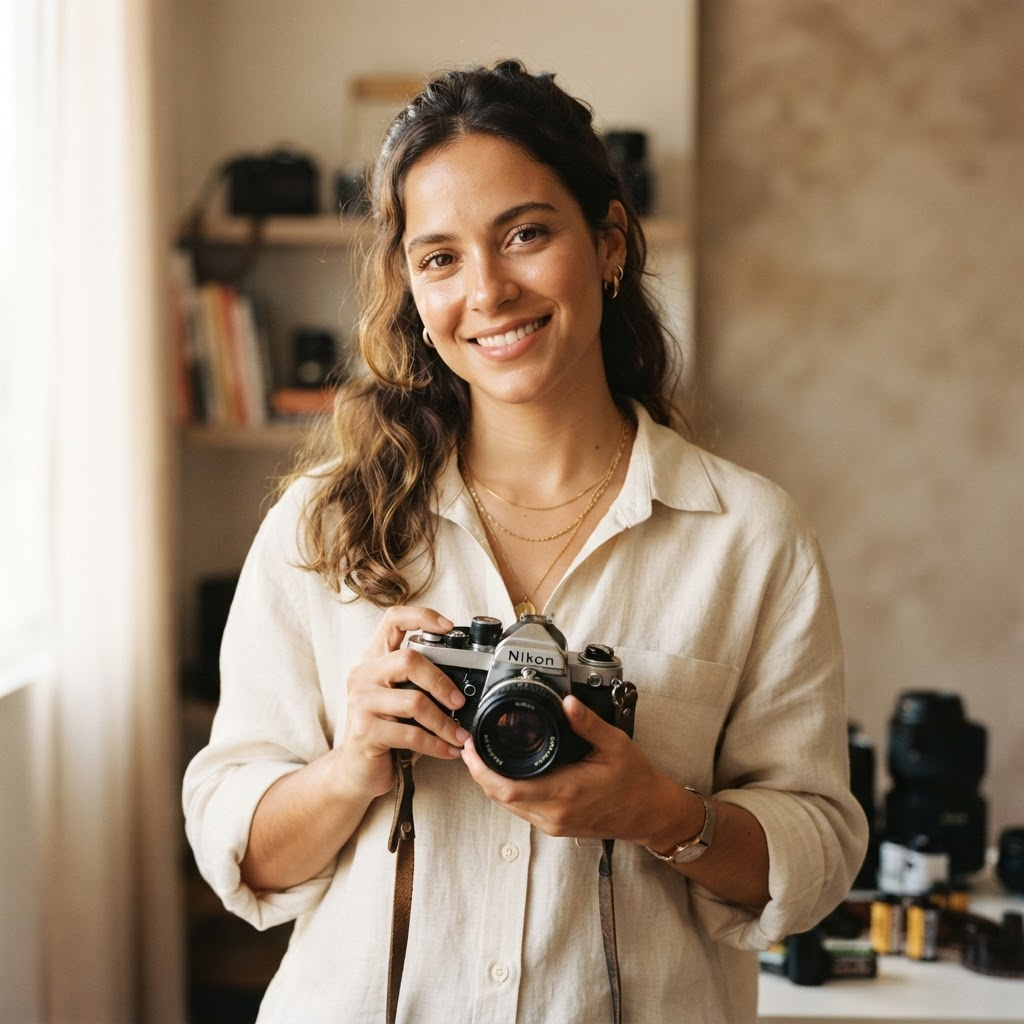 Retrato da fotógrafa segurando uma câmera analógica de 35mm